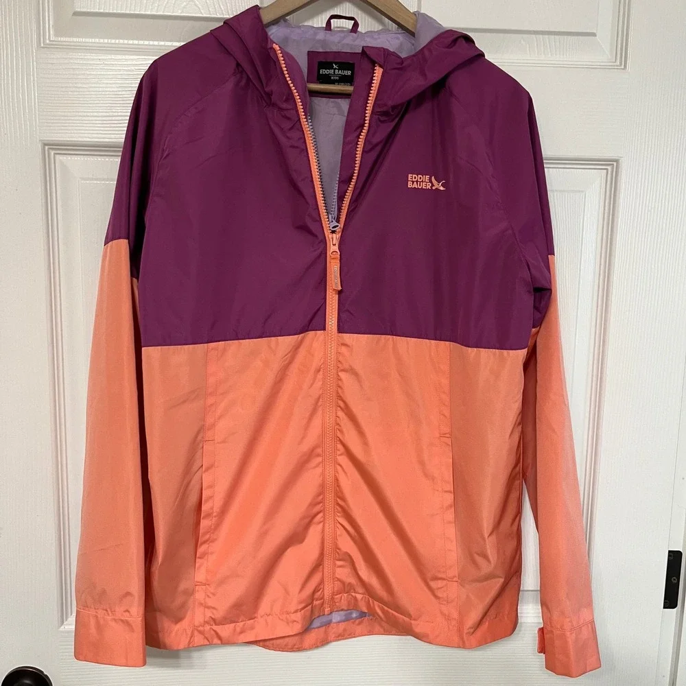 Eddie Bauer Kids Colorblock Hooded Windbreaker Jacket Purple Coral Size XL 18 20
